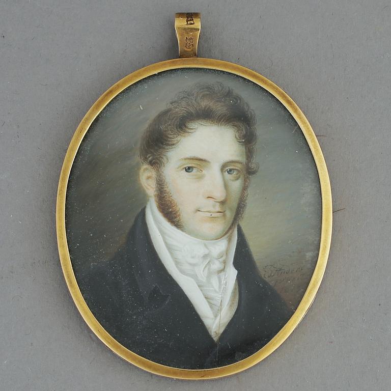 ANDERS GUSTAF ANDERSSON, miniatyr, gouache. Signerad och daterad 1813. Ram i 18k guld.