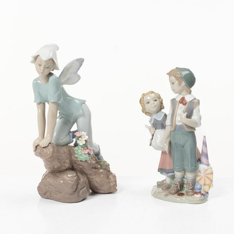 Lladró, figuriner, 4 st, "Prince of the elves", "Enchanted prince", "Puss in boots", "Hans och Greta", Spanien.