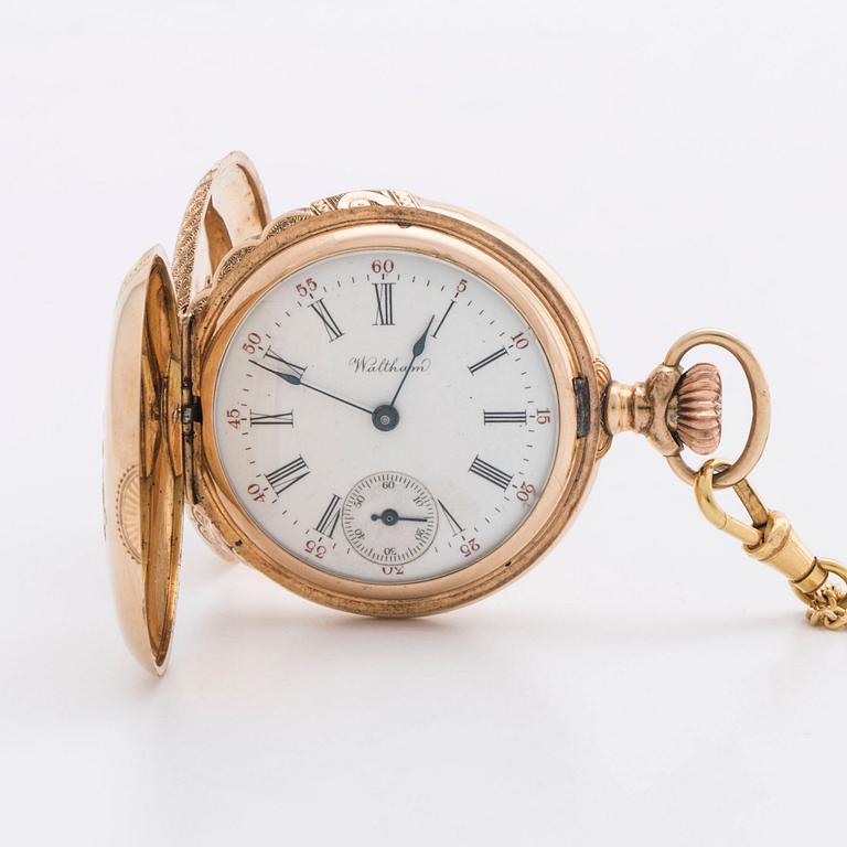 POCKET WATCH 14K gold Waltham and CHAIN 18K gold w 7 old-cut diamonds, 33 mm.