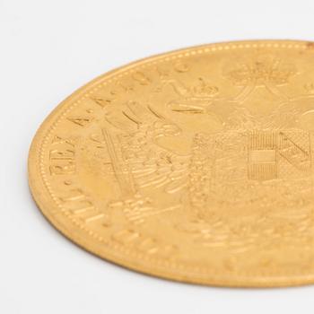 GULDMYNT, 23 karat guld, 4 dukat, Österrike-Ungern 1915. Total vikt ca 13,9 gram.