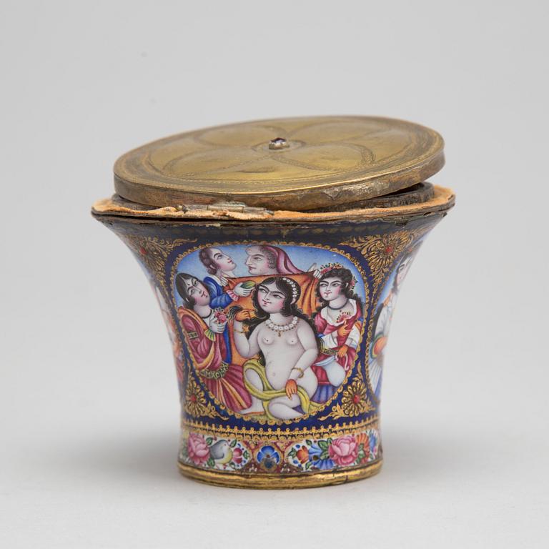 A Qajar polychrome enamelled ghalian cup, Persia, 19th century.