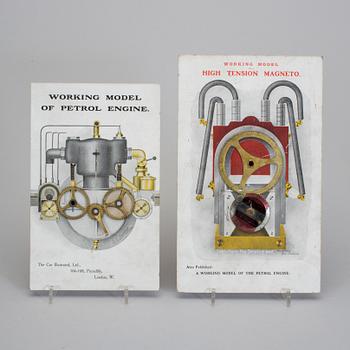 PARTI INTERAKTIVA SKYLTAR ÖVER RÖRLIGA BILDELAR, 6 st, papp och metall, 1900-talets första hälft.