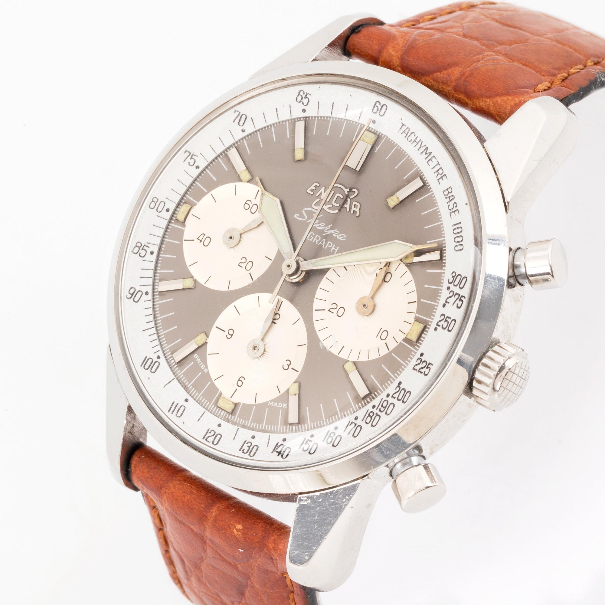 Enicar, Sherpa Graph, chronograph, "Mark 1a", “Gladius hands”, “Tachymetre Base 1000”, "Bengt Ohrelius".