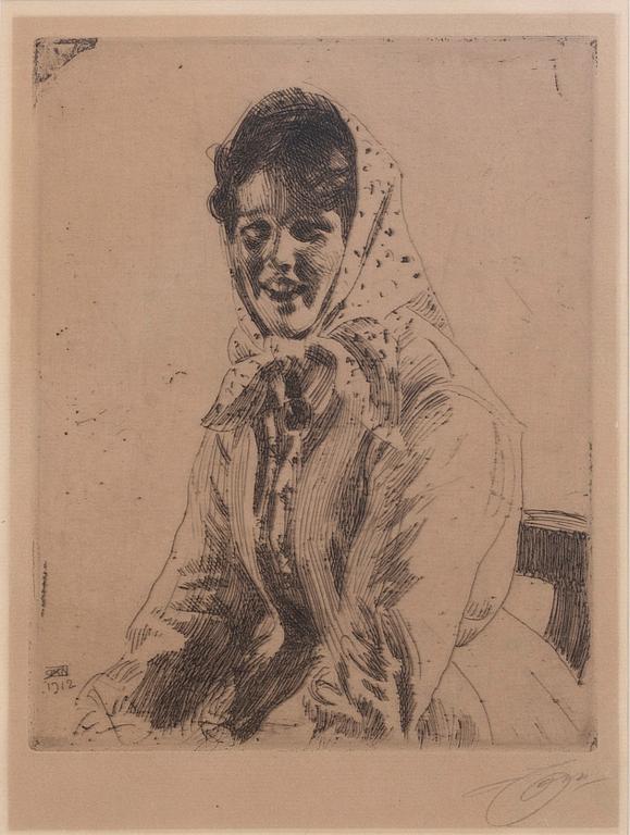 Anders Zorn, a signed etching from 1912.