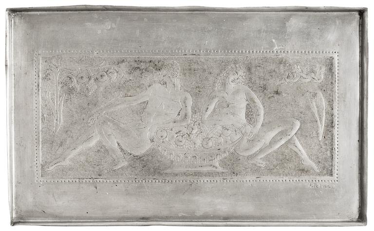 An Anna Petrus engraved pewter tray, 1920's, executed by the artist, motive with Adam & Eve.