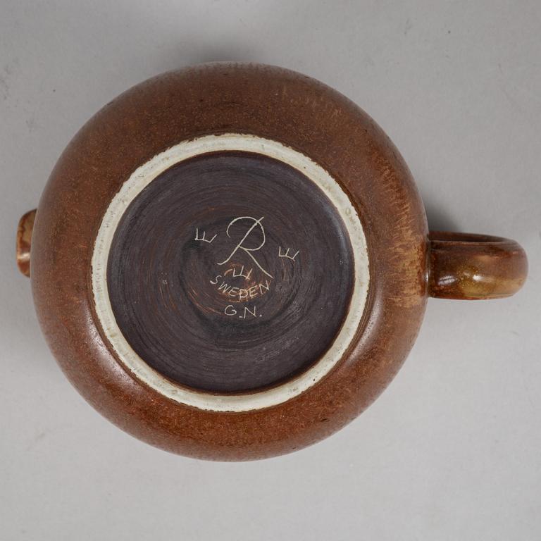 Tea pot, two bowls, two creamers, and a vase by Gunnar Nylund, stoneware, Rörstrand.