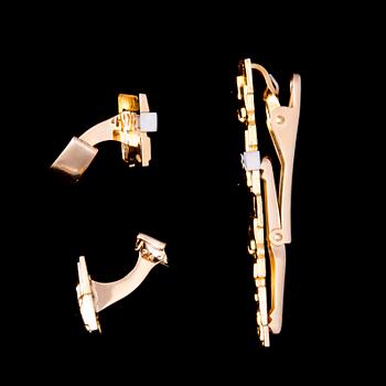 MANSCHETTKNAPPAR och SLIPSNÅL, 14K guld, briljantslipade diamanter. Björn Weckström, Lapponia. Vikt totalt ca 17,3 g.