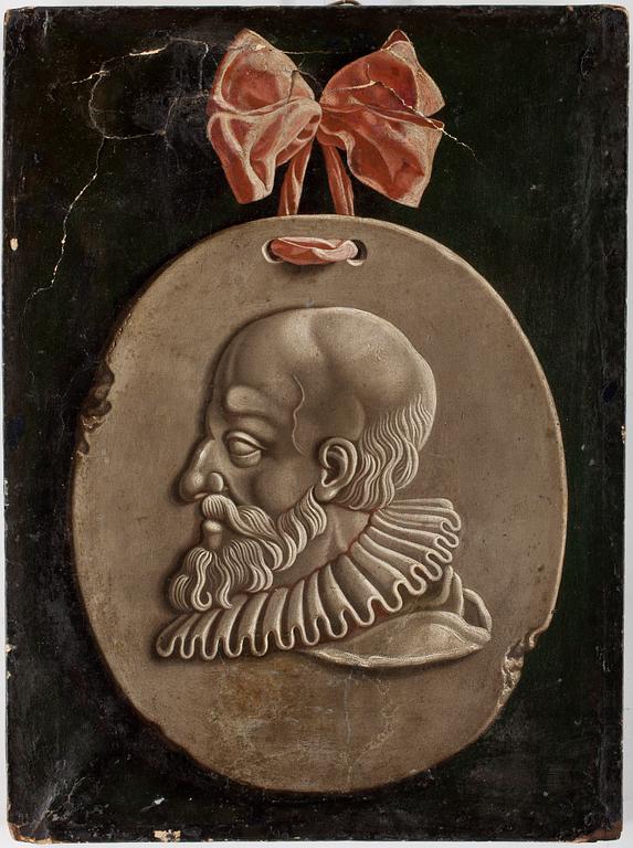 Jean Valette-Falgores Penot, Trompe l'oeil med antikiserande mansporträtt på medaljong krönt av rosett.