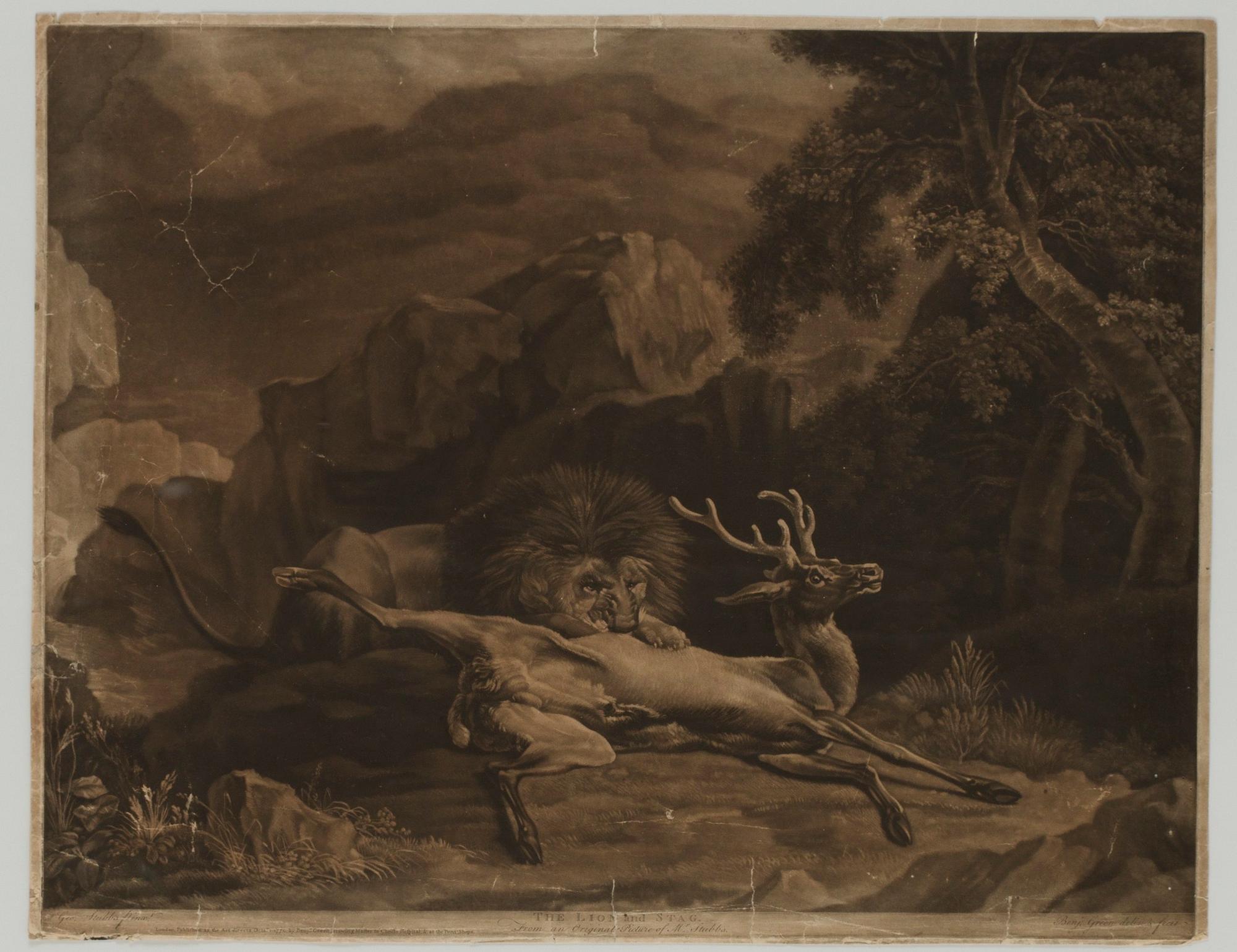 1700-tal Parti gravyrer, "The lion and stag" (efter G Stubbs); "Samson at the prison gate" (efter A Kaufmann).