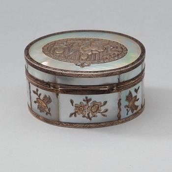 A French 18th century mother of pearl,tortoiseshell and silver snuff-box, marked Paris 1769.