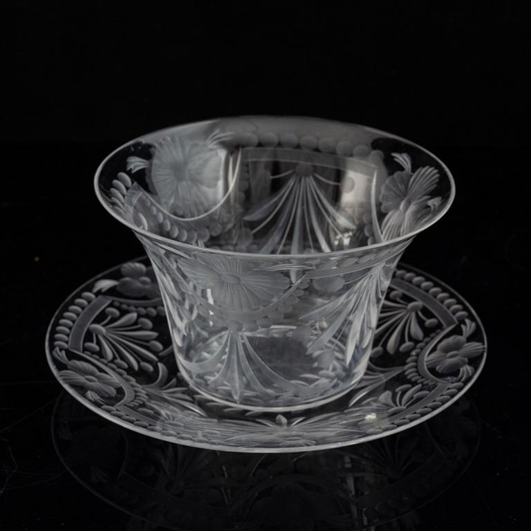 A pair of glass bowls with dishes, 20th century.