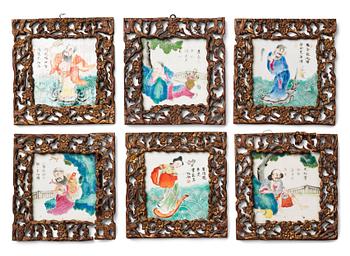 A set of six framed tiles, Qing dynasty, 19th Century.