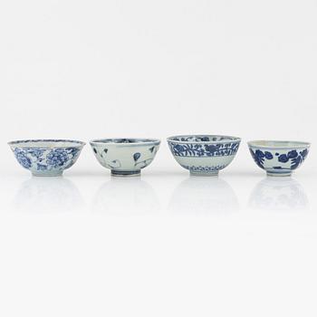 Four blue and white porcelain bowls, Ming dynasty (1368-1644).