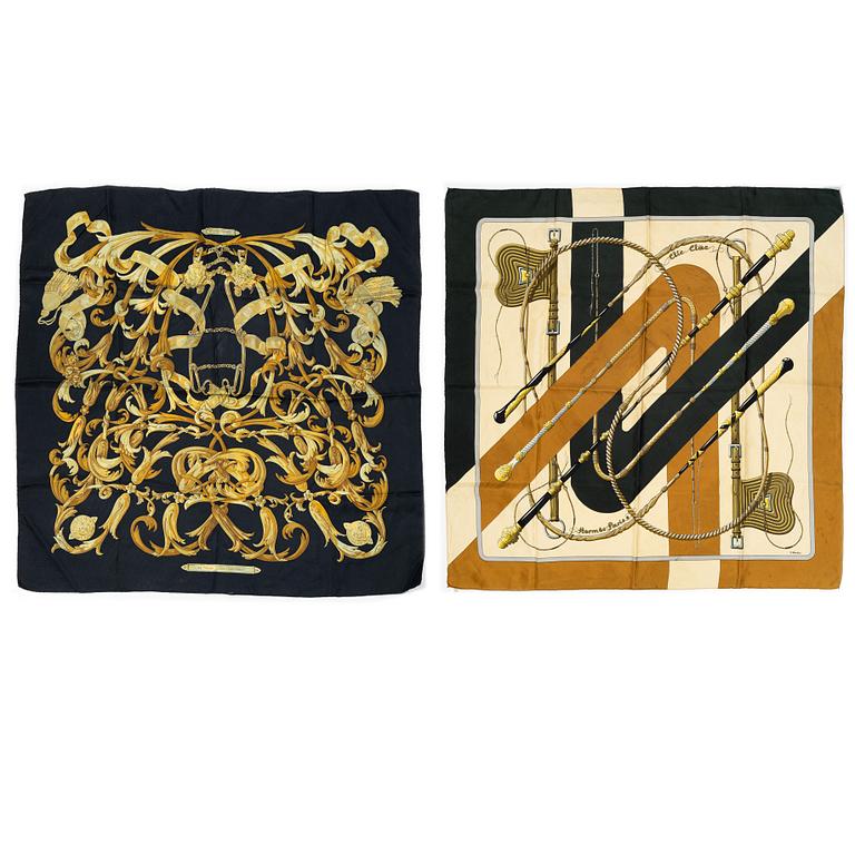 Hermès, scarves, 2 st, "Le Mors a la Conétable" samt "Clic Clac".