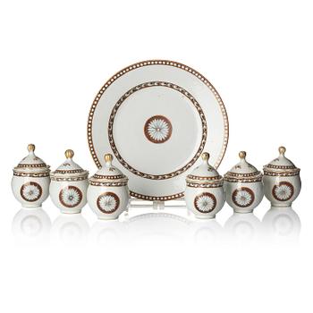 1036. A set of six custard cups with covers and a dish, Qing dynasty, Qianlong, dated 1789.