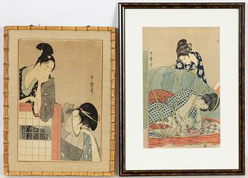 Kitagawa Utamaro, after, two colour woodblock prints, Japan, first half of the 20th century.