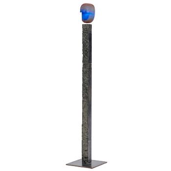 36A. Bertil Vallien, a unique sand-cast glass sculpture of a head, on a high pedestal of polished limestone, Kosta Boda.