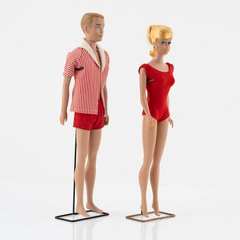 Barbie and Ken, dolls 2 pcs. as well as clothes, vintage, "Swirl Ponytail Blond" Mattel 1964, Ken Mattel 1963/64.