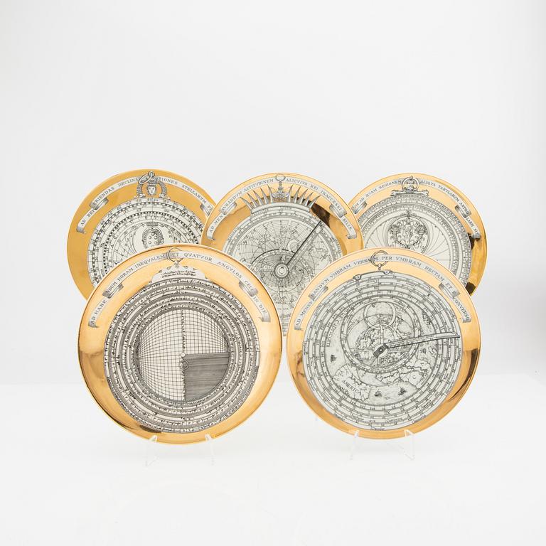Piero Fornasetti, plates, set of 5, "Astro Labio", Milan, Italy, porcelain.