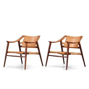 257. Adolf Relling & Sigurd Resell, a pair of teak and leather "56/2 Bambi-series" armchairs, Norway 1950-60's.