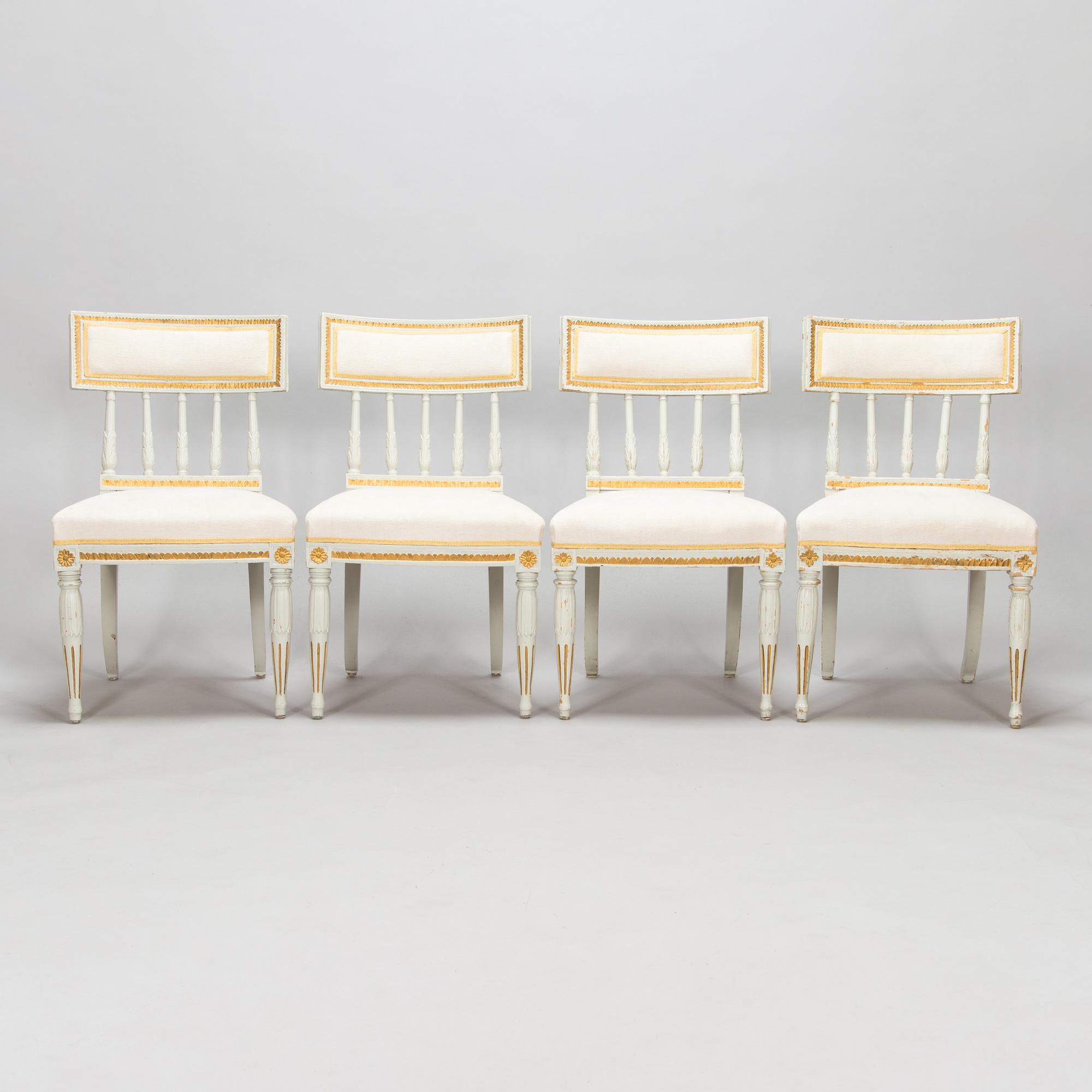 Four late Gustavian Stockholm chairs one signed EÖM  Erik Öhrmark turn of 18th/19th Century.