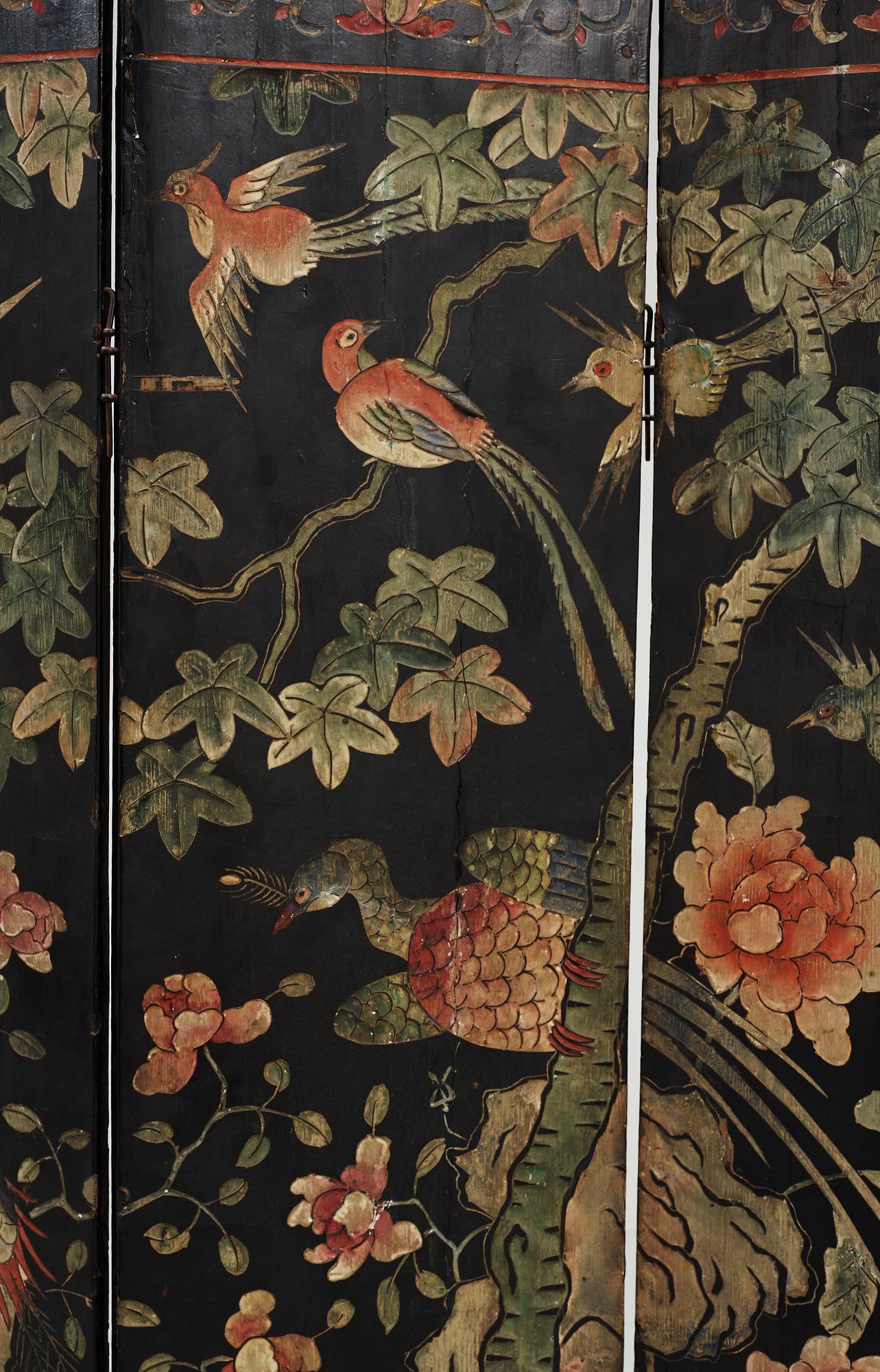 An eight panel lacquer screen, Qing dynasty, presumably Kangxi (1662-1722).