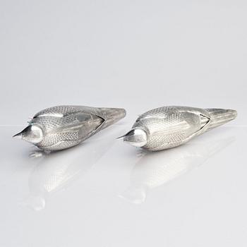 A pair of persian silver pigeons, the Qajar dynasty (1789–1925).