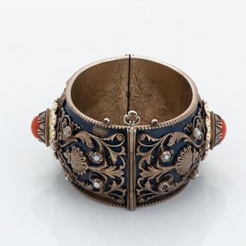 Silver, pearl and coral bangle.