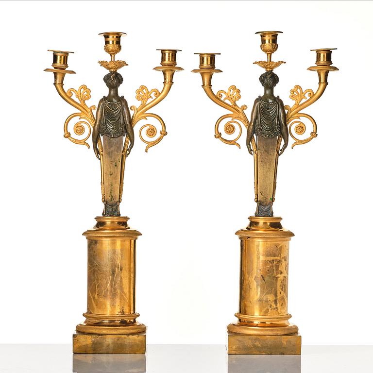 A pair of Swedish empire candelabra, attributed to R F Lindroth.