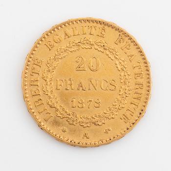 A French gold coin, 20 Francs, 1878.