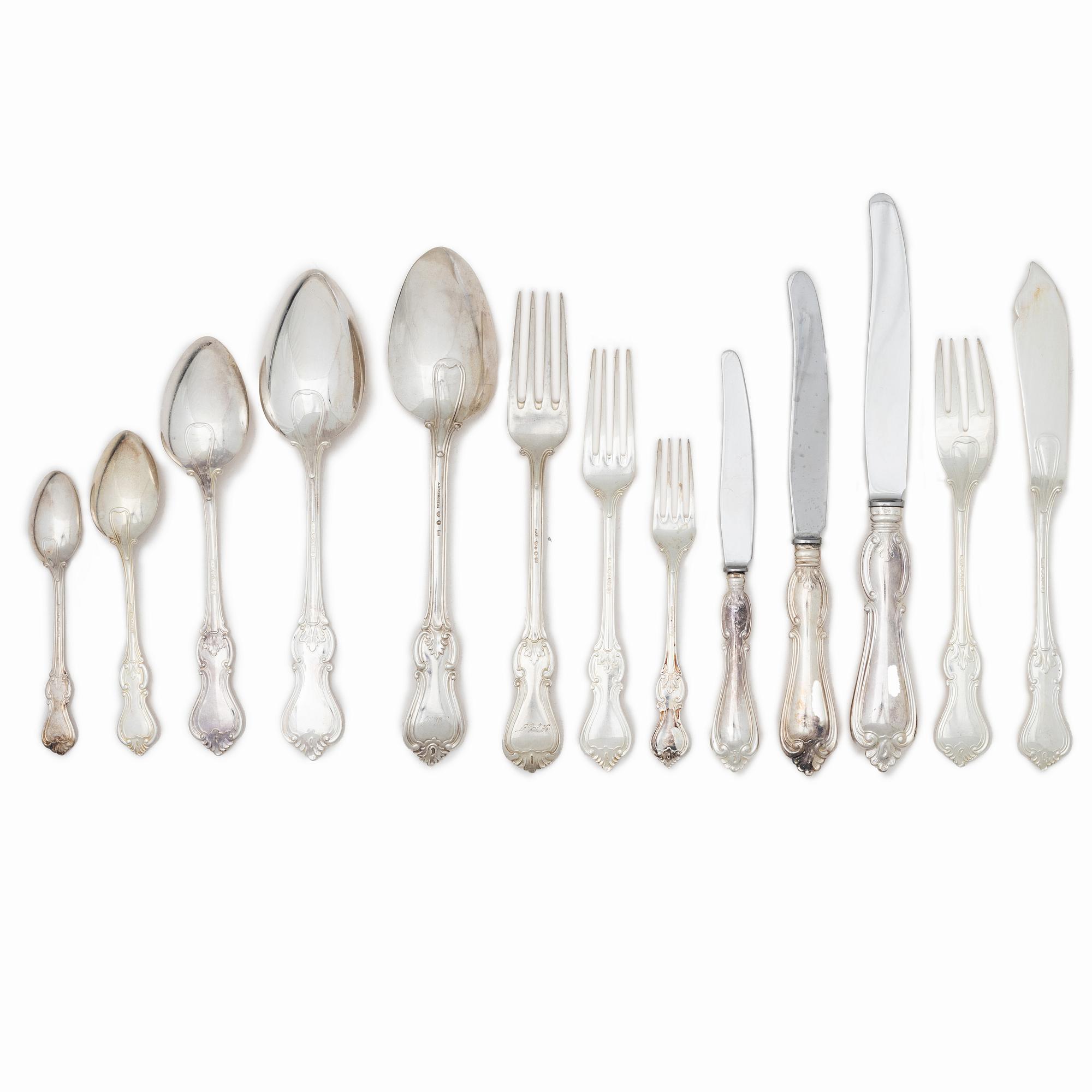 A 143-piece silver flatware set, 'Olga', mostly GAB and C.G.Hallberg Stockholm, 1872-1961.