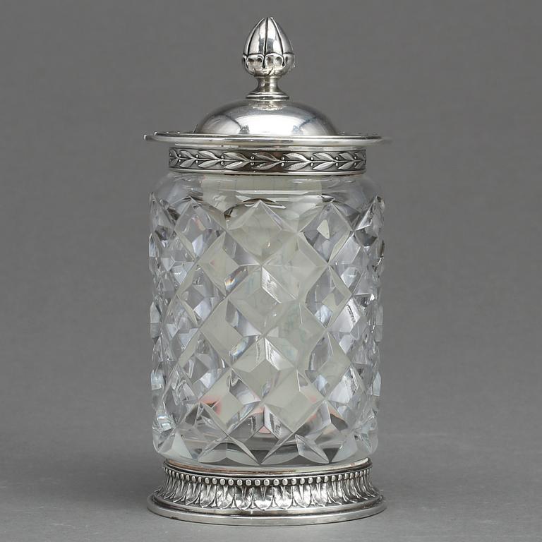 MARMELADBURK/SENAPSBURK, silver och glas. W A Bolin, Stockholm 1919.