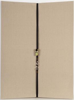 Morgan-Richard Murphey, assemblage, ratchet clamp and raw linen on aluminium stretcher bars.