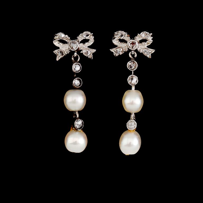 ÖRHÄNGEN, ett par, guld/silver, 8 rosenslipade diamanter samt orientaliska pärlor, 1900-talets första hälft.