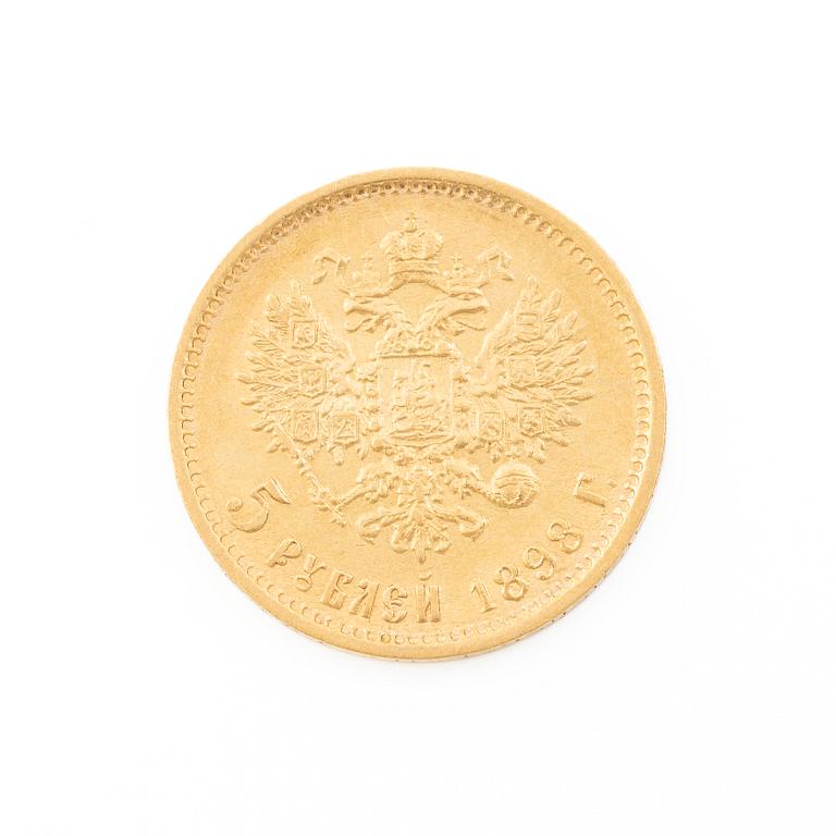 Gold coin, Nicholas II, Russia, 5 Rubles, 1898.