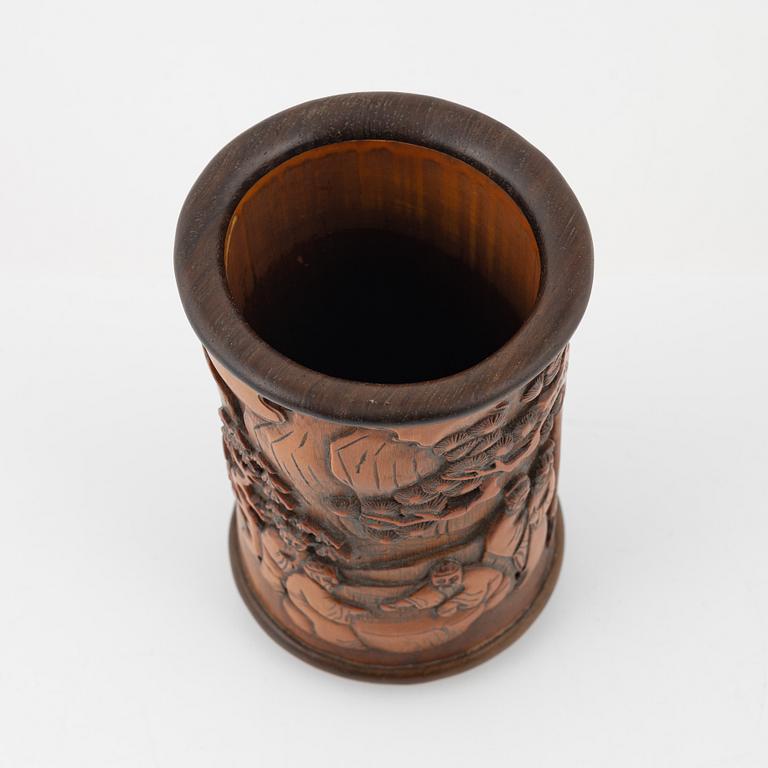 A chinese bamboo and hardwood brushpot, 20th Century.