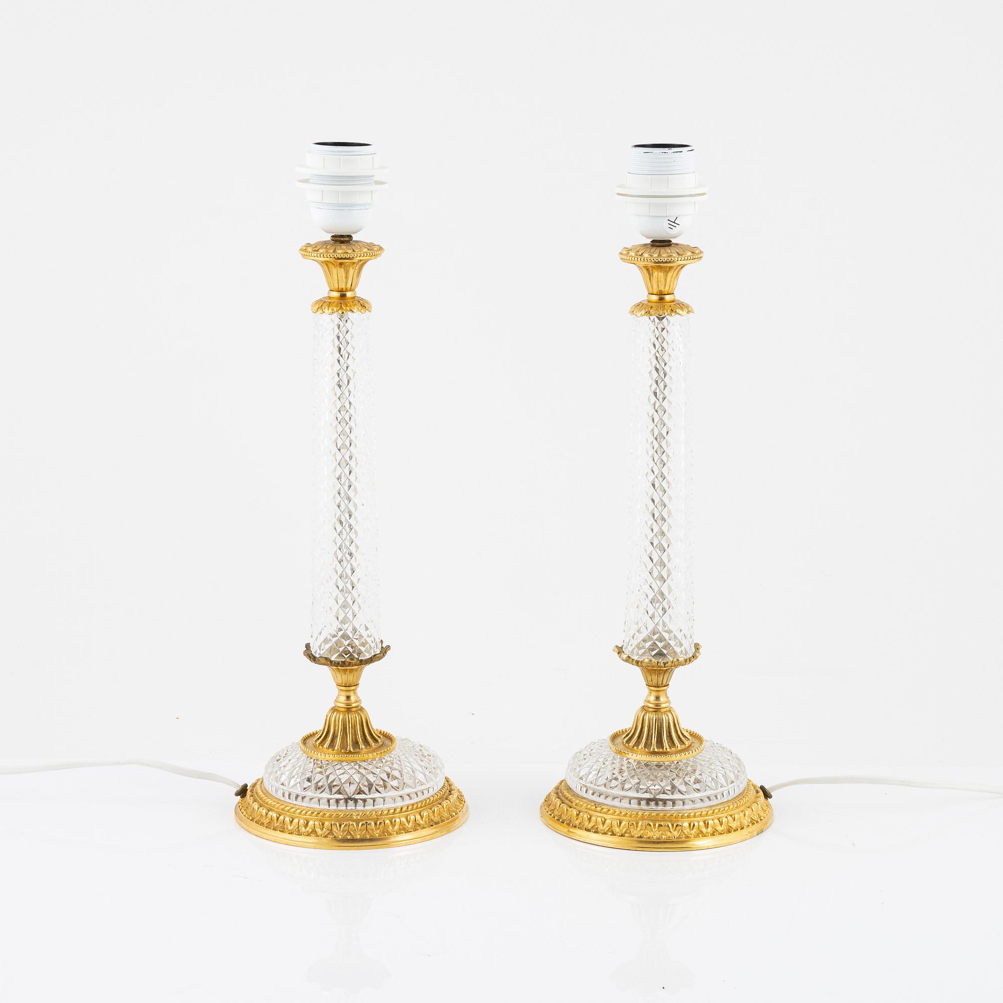 A pair of Empire-style glass and cut glass table lamps, late 20th century.
