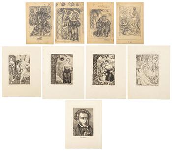 Eduard Wiiralt, 5 etsningar & 4 skisser ur "Le Gabrielide", signerade i trycket, en skiss signerad med monogram 1928.