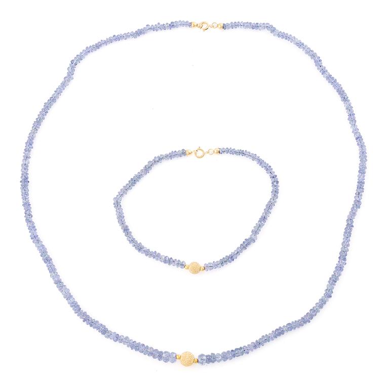 Collier och armband, med tanzaniter, lås 18K guld.