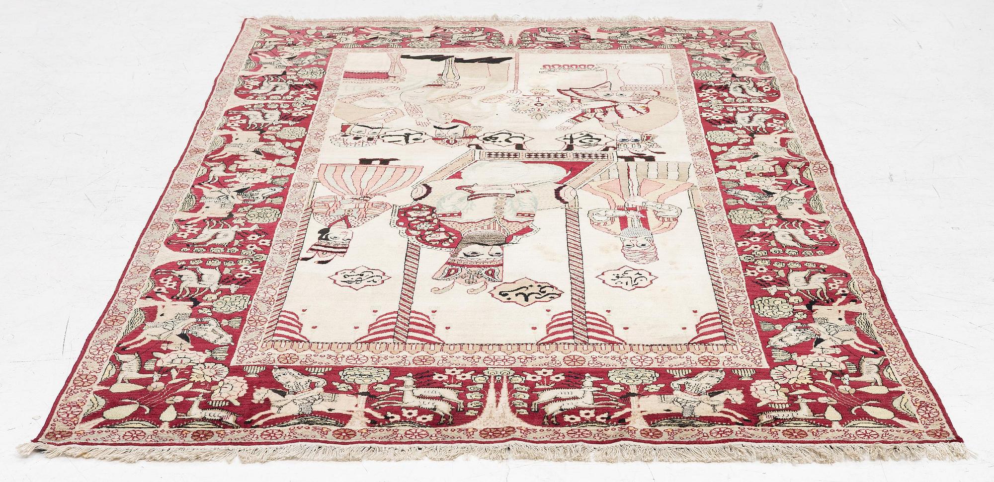 Matta, antik Kirman Laver, figural, södra Persien, ca 214 x 130 cm.