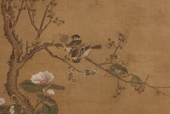 A Song style hanging scroll with birds, by an unidentified artist signed Wu Zhu, late Qing dynasty (1644-1912).