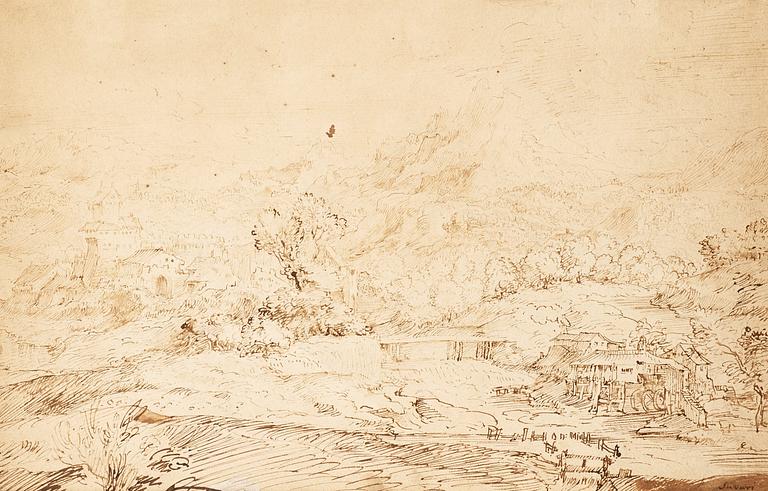 An extensive mountainous landscape with buildings by a river; verso Study of a plant.