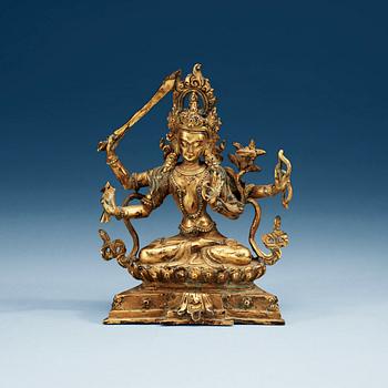 BODHISATTVA, förgylld brons. Tibet, Qing dynastin, 17/1800-tal.