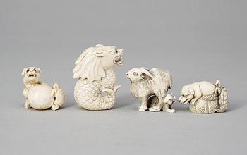 488. Four Japanese Meiji bone and ivory netsukes.