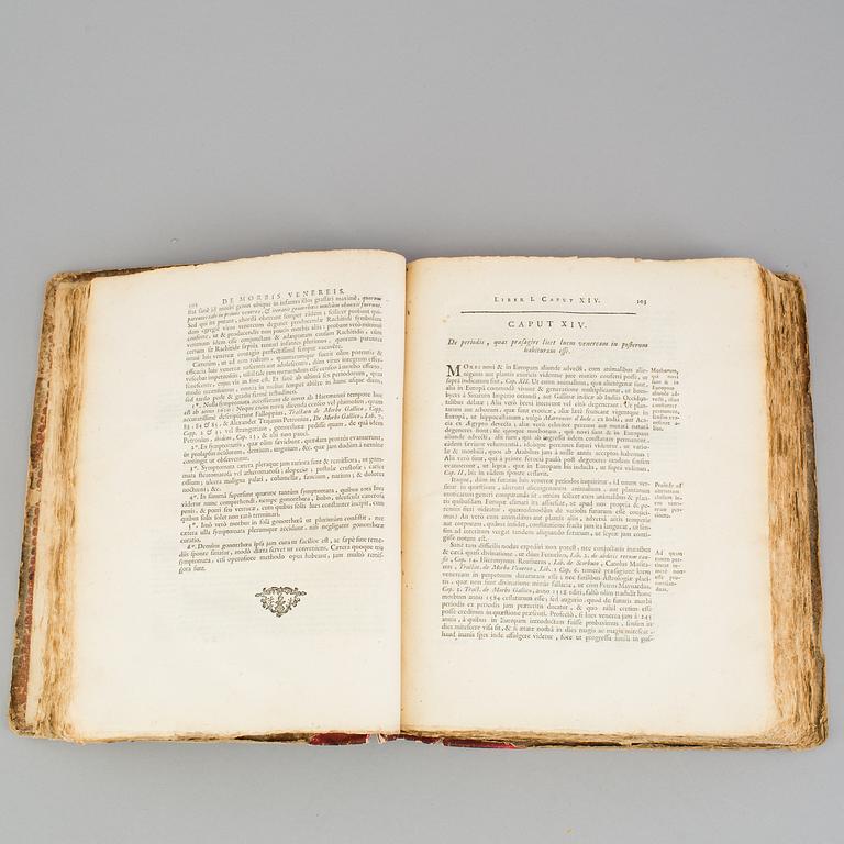 A book on venereal diseases, "De Morbis Venereis", Jean Astruc. Printed in Paris in 1740.