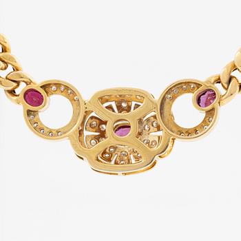 Necklace in 14K gold with faceted rubies and eight-cut diamonds.