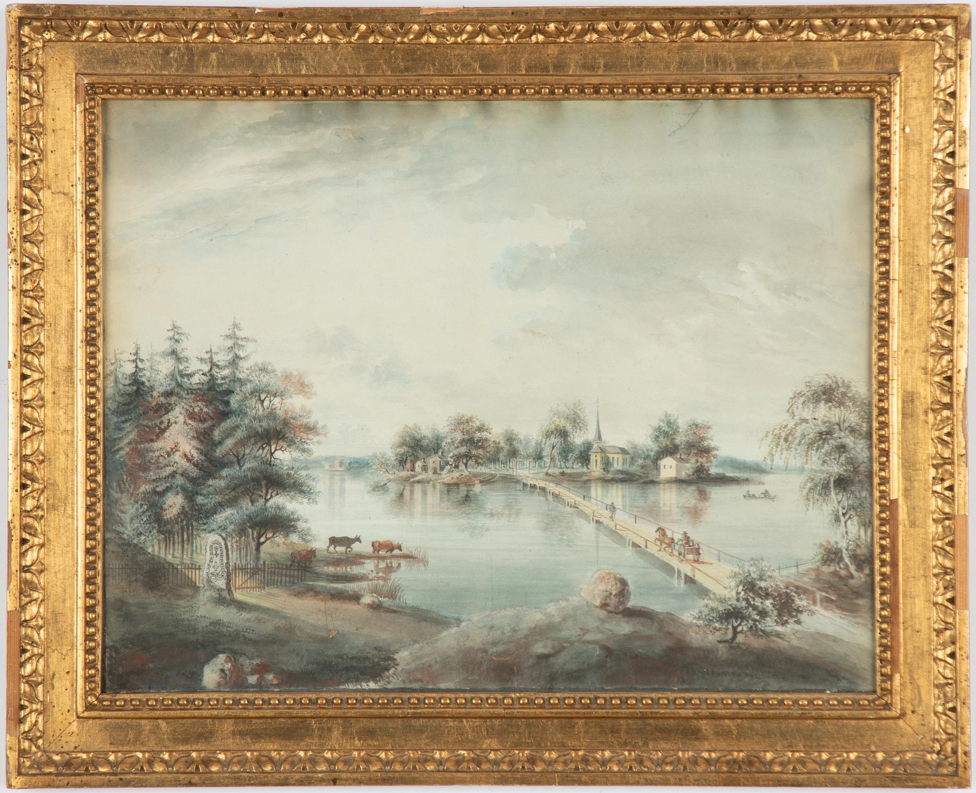 Elias Martin, attributed, Lake landscape with a church, choir, figures, and rune stone.