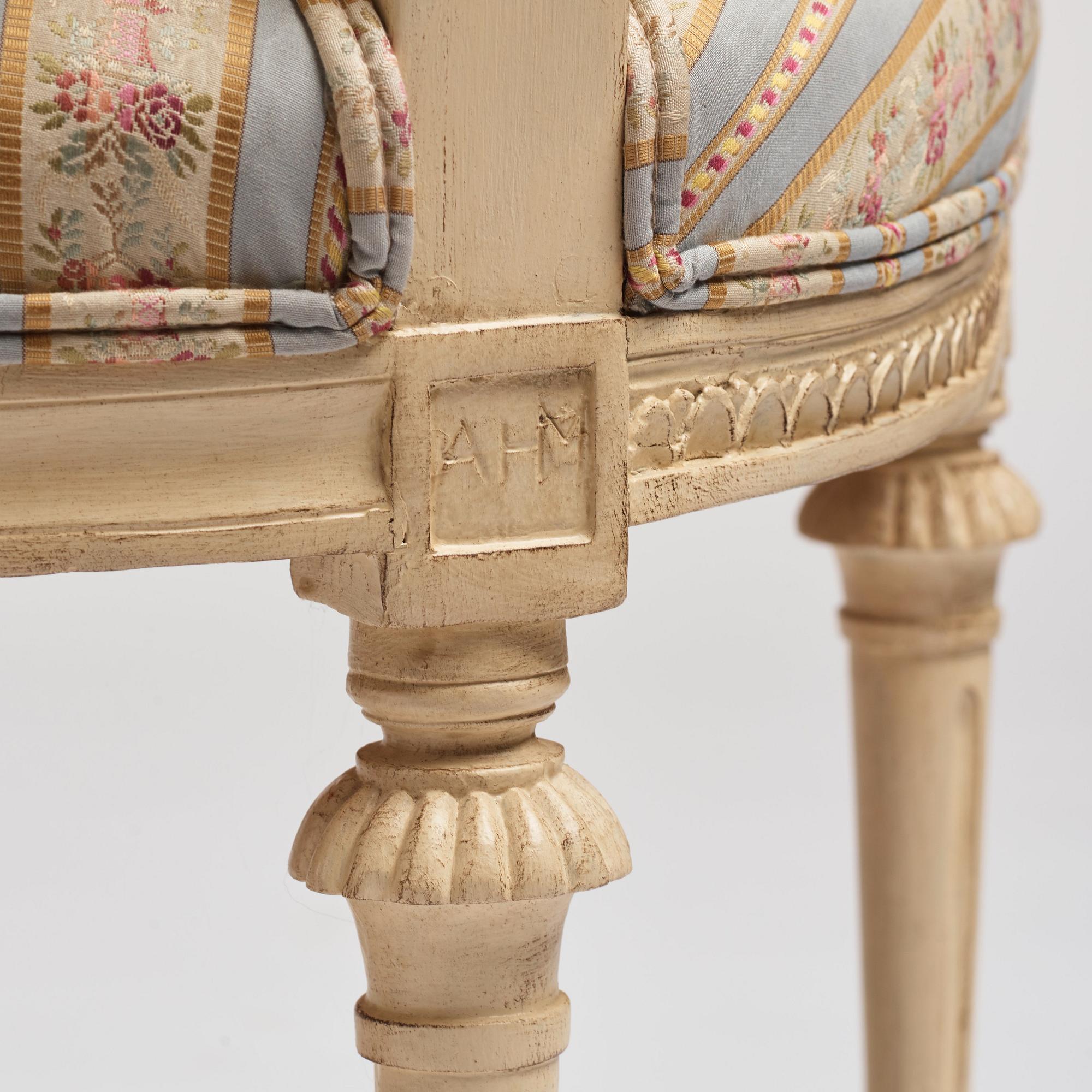 A set of nine Gustavian chairs by A Hellman (master in Stockholm 1761-94) and E Ståhl (master in Stockholm 1794-1820).
