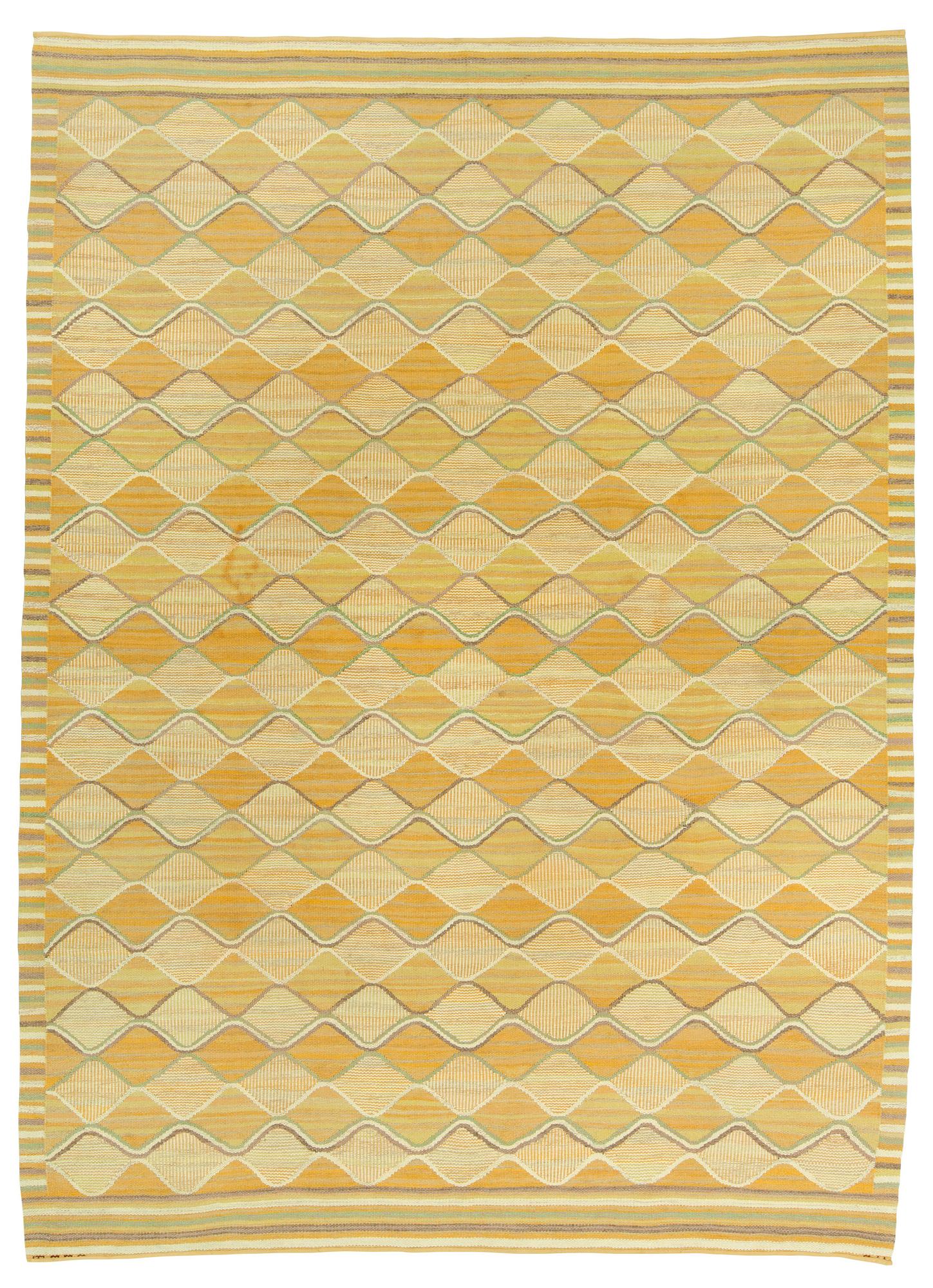 Barbro Nilsson, CARPET. "Spättan gul". Flat weave. 353,5 x 253 cm. Signed AB MMF BN.