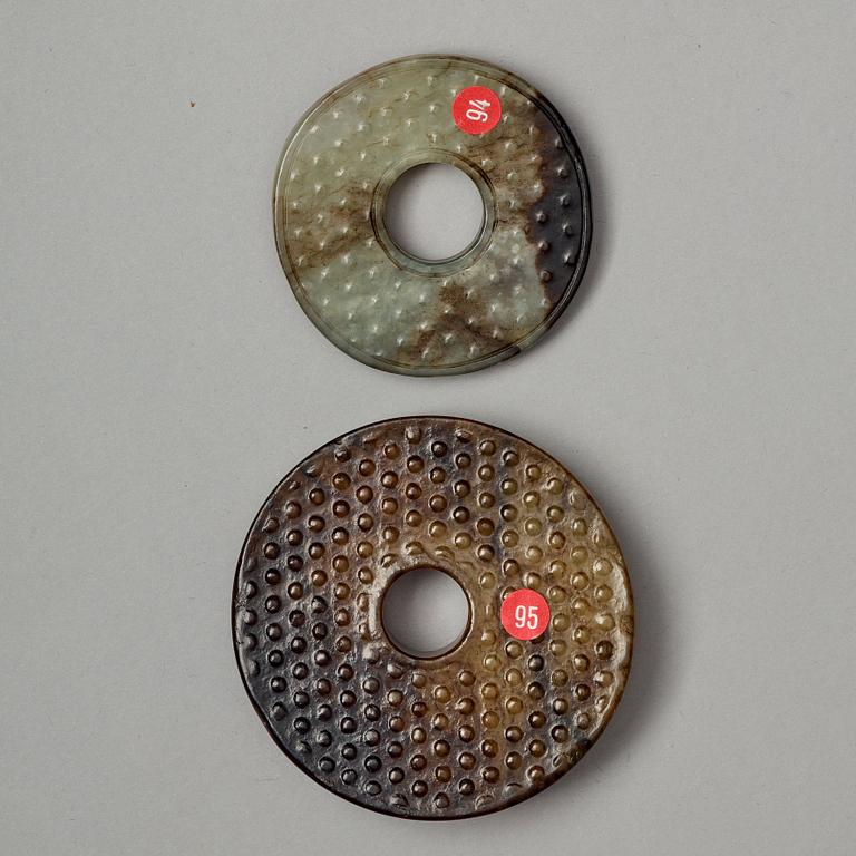Two carved archaistic bi-discs, presumably Ming dynasty (1368-1644).